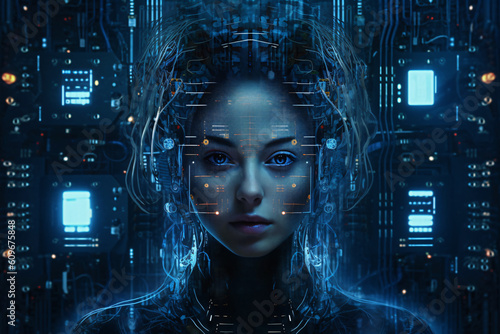 Futuristic AI Avatar Portrait with Digital Elements	 photo