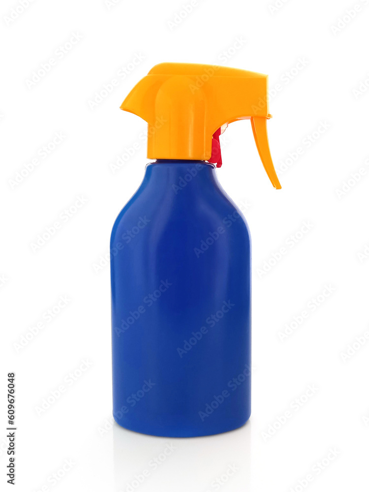 Front view of isolated sun spray container. Close up of sunscreen spray bottle on white background. plastic bottle concept. Front view of isolated sun spray container. Close up of sunscreen spray bottle on white background. plastic bottle concept.
