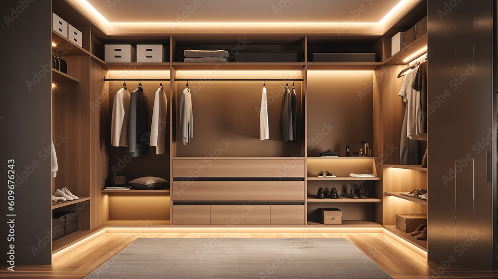Modern Luxurious Walk In Closet Interior. Generative Ai Modern Luxurious Walk In Closet Interior. Generative Ai
