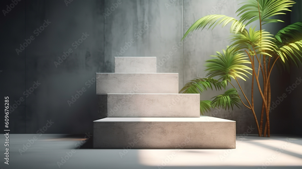 Concrete step podium in sunlight, shadow on gray cement corner wall loft style. Generative Ai Concrete step podium in sunlight, shadow on gray cement corner wall loft style. Generative Ai