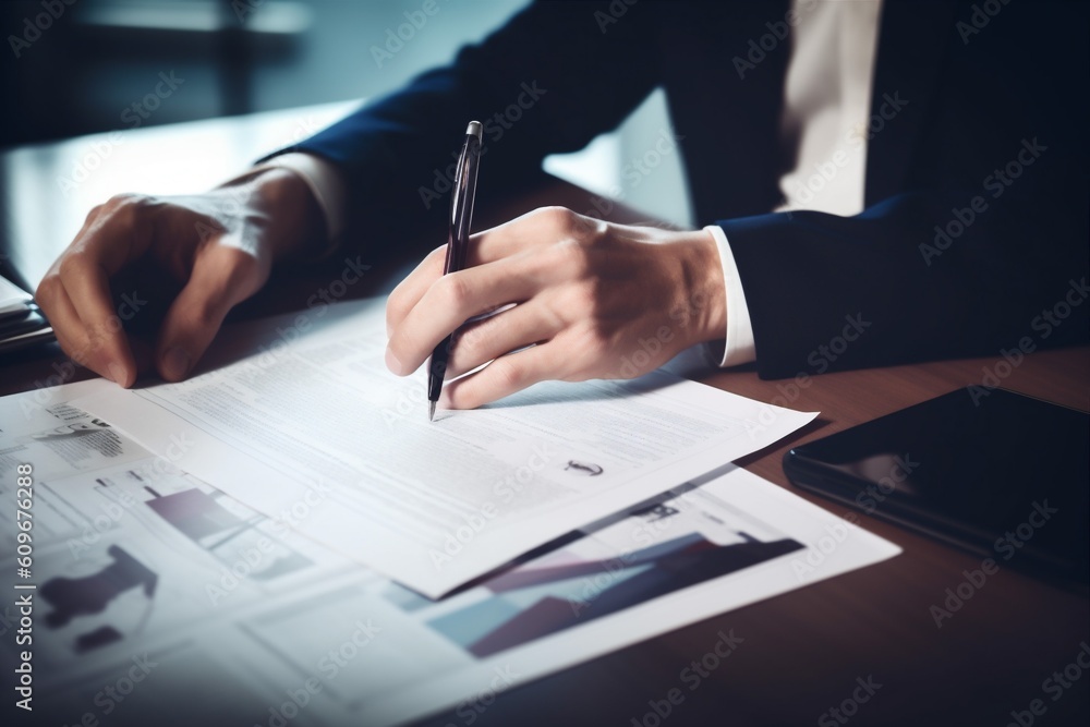 Fototapeta premium businessman man signature document hand contract conference office lawyer business group. Generative AI.