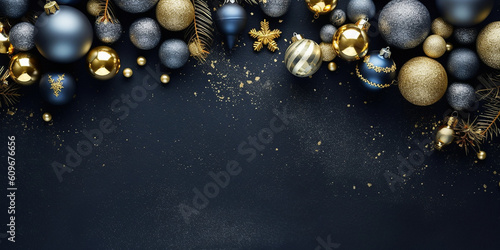 Viele Weihnachtskugeln dekoriert in blau und Gold als Grußkarte, ai generativ