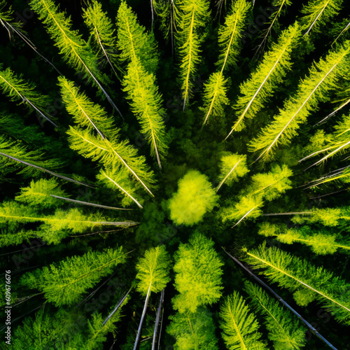 An awe-inspiring National Geographic-worthy aerial view of a dense forest  where sunlight weaves magical patterns upon the ethereal woodland floor.