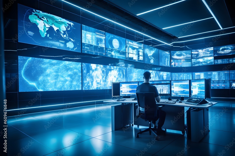 Advanced technology and security measures. professionals in modern control room. monitoring and analyzing data streams in real-time. generative ai