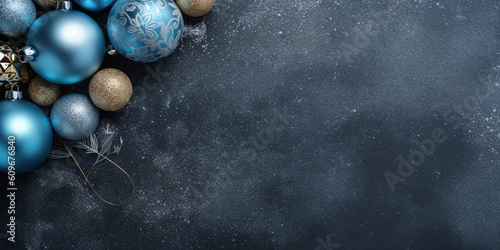 Weihnachtlicher Hintergrund mit blauen Kugeln, Grußkarten Motiv, ai generativ