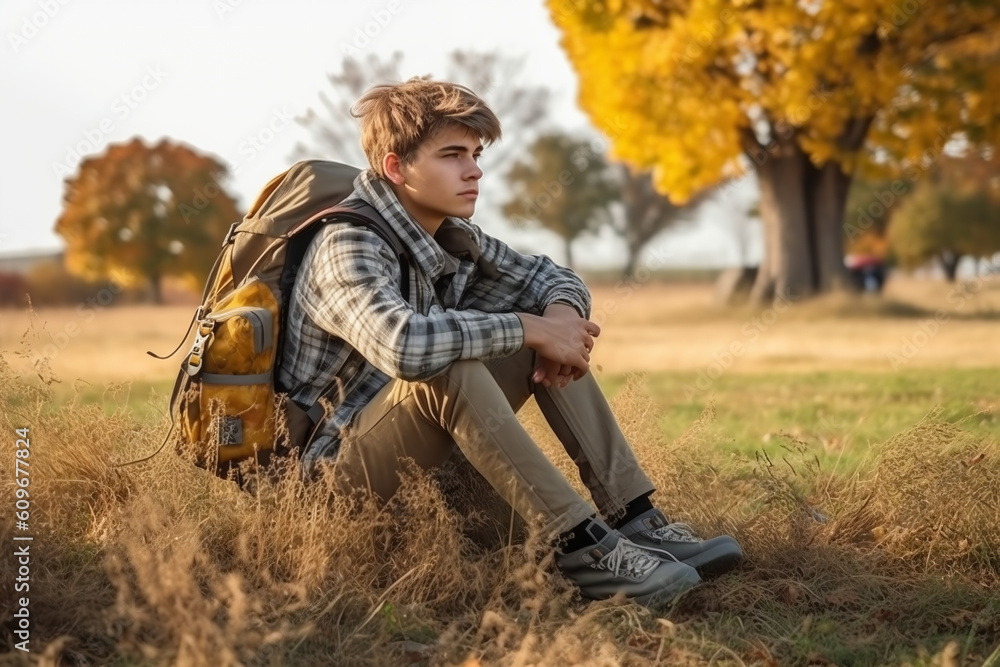 Autumn portrait of teenager boy sitting on grass. Young man with backpack resting relaxing, contemplating, thinking, daydreaming. Teen deep in thought Local travel. Active lifestyle People from behind Autumn portrait of teenager boy sitting on grass. Young man with backpack resting relaxing, contemplating, thinking, daydreaming. Teen deep in thought Local travel. Active lifestyle People from behind
