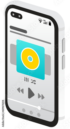 Isometric Flat Smartphone white front showing music player