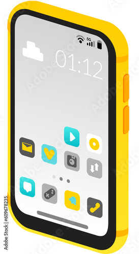 Isometric Flat Smartphone yellow front showing home menu