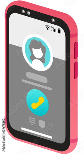 Isometric Flat Smartphone red peach front showing call profile