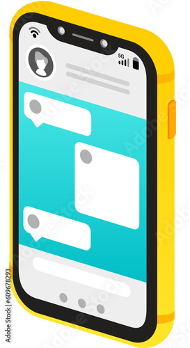 yellow Isometric Flat Smartphone showing message chat
