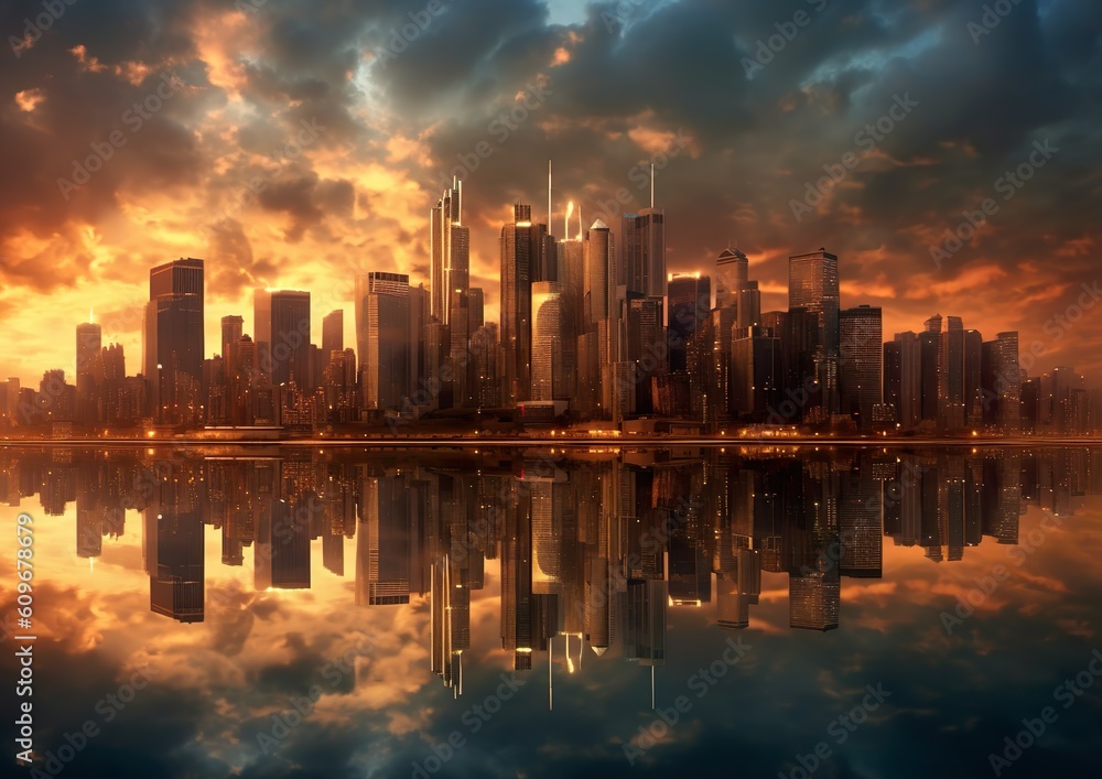 City Skyline with Reflection in the sea created with Generative AI Technology