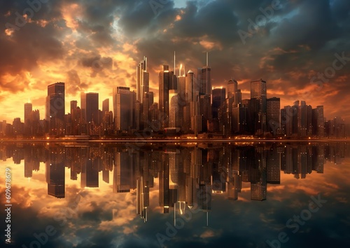 City Skyline with Reflection in the sea created with Generative AI Technology © Oliver