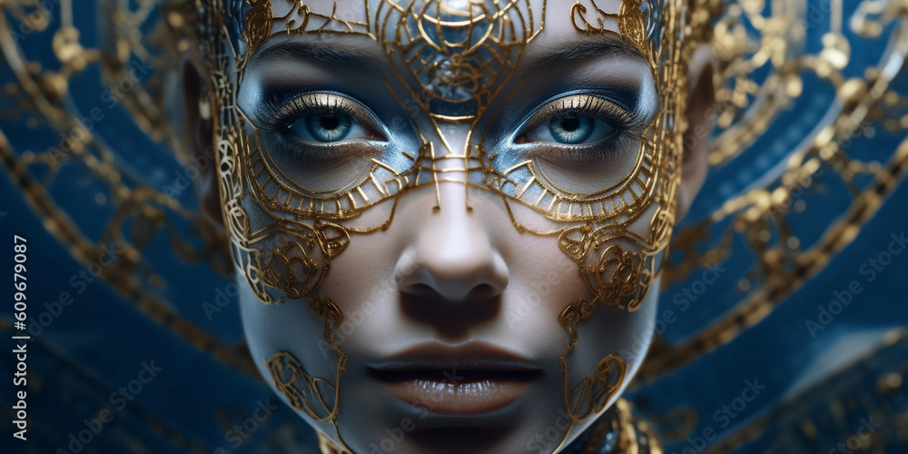 Hübsches Frauen Gesicht mit gold Aplikation Visagistik und Maske Poster Nahaufnahme, ai generativ Hübsches Frauen Gesicht mit gold Aplikation Visagistik und Maske Poster Nahaufnahme, ai generativ