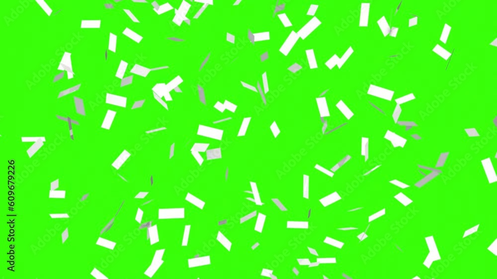 White confetti are falling on the green screen. Festive effects. 3D animation. White confetti are falling on the green screen. Festive effects. 3D animation.