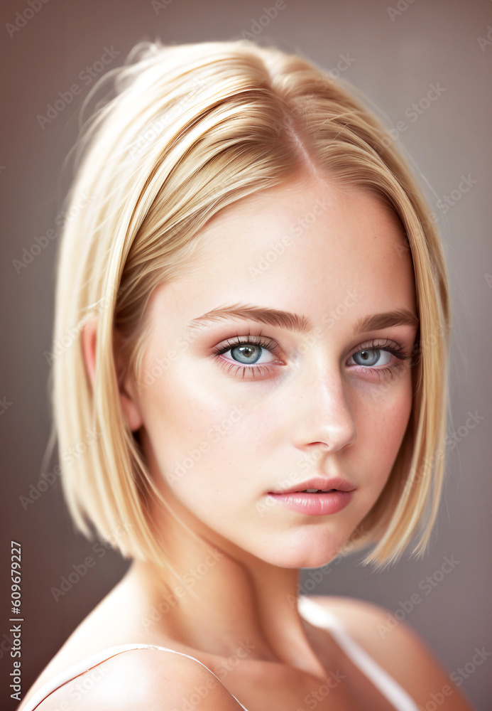 illustrazione generative ai di ritratto di giovene ragazza dagli occhi verdi, capelli biondi corti lisci, primo piano con luce soffusa, sguardo verso l'osservatore, sfondo indefinito grigio neutro illustrazione generative ai di ritratto di giovene ragazza dagli occhi verdi, capelli biondi corti lisci, primo piano con luce soffusa, sguardo verso l'osservatore, sfondo indefinito grigio neutro