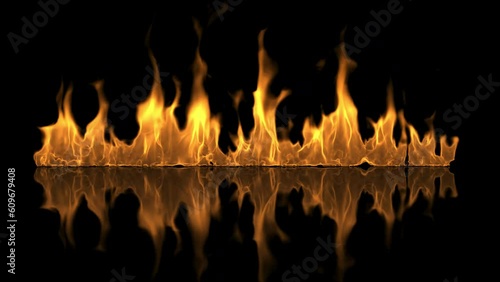 Beautiful fire burns with reflection. Fire, flame, explodes,smoke, fume and burning video transitions on 
transparent background with alpha channel.