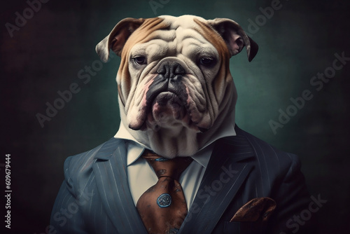 Portrait of a Bulldog dressed in a formal business suit, Boss Bulldog, created with generative AI