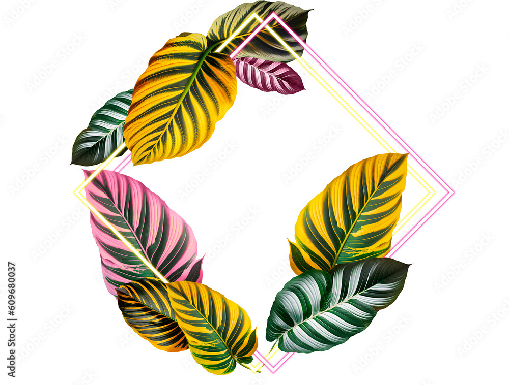 Fototapeta premium Creative fluorescent color layout made of tropical leaves with neon light square. Neon frame with tropical leaf isolated on transparent background. AI generative leaves