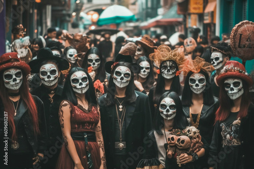 Group of people dressed up for Halloween created with Generative AI technology © michaelheim