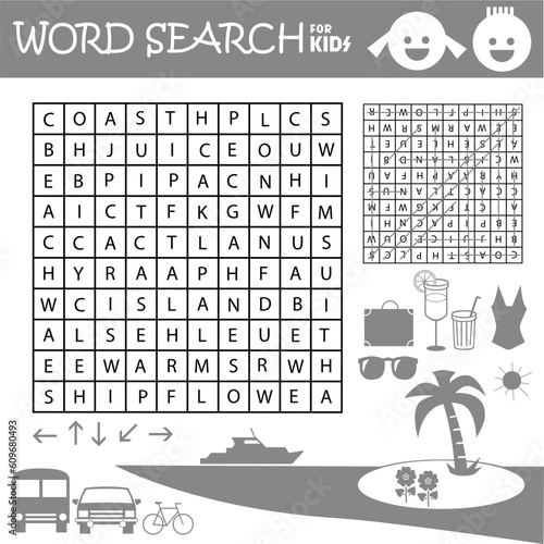 Word search crossword puzzle. Summer, holiday, travel. Find in the picture words and cross them out. Vector educational activity page for children. Worksheet learning English language