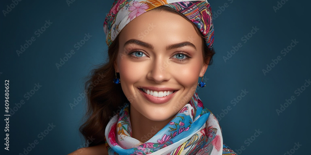 Frau mit schönen Gesicht lacht und bunten Fashion Koptuch mit passenden Schal Nahaufnahme, ai generativ Frau mit schönen Gesicht lacht und bunten Fashion Koptuch mit passenden Schal Nahaufnahme, ai generativ
