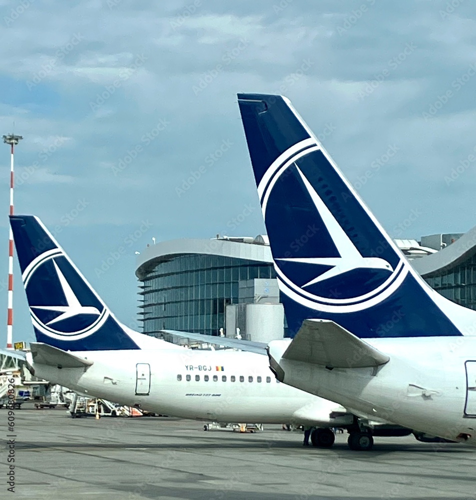 Bucharest, Romania Tarom airplane in the airport parked at the