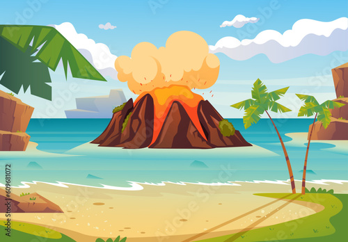 Volcano vulcano explosion lava volcanic active island concept. Vector graphic design illustration