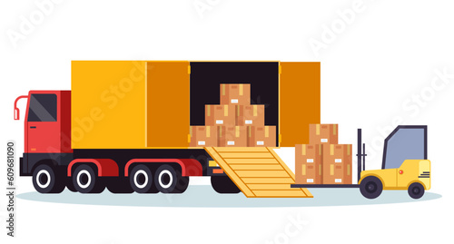 Truck unload forklift distribution delivery van service concept. Vector graphic design illustration