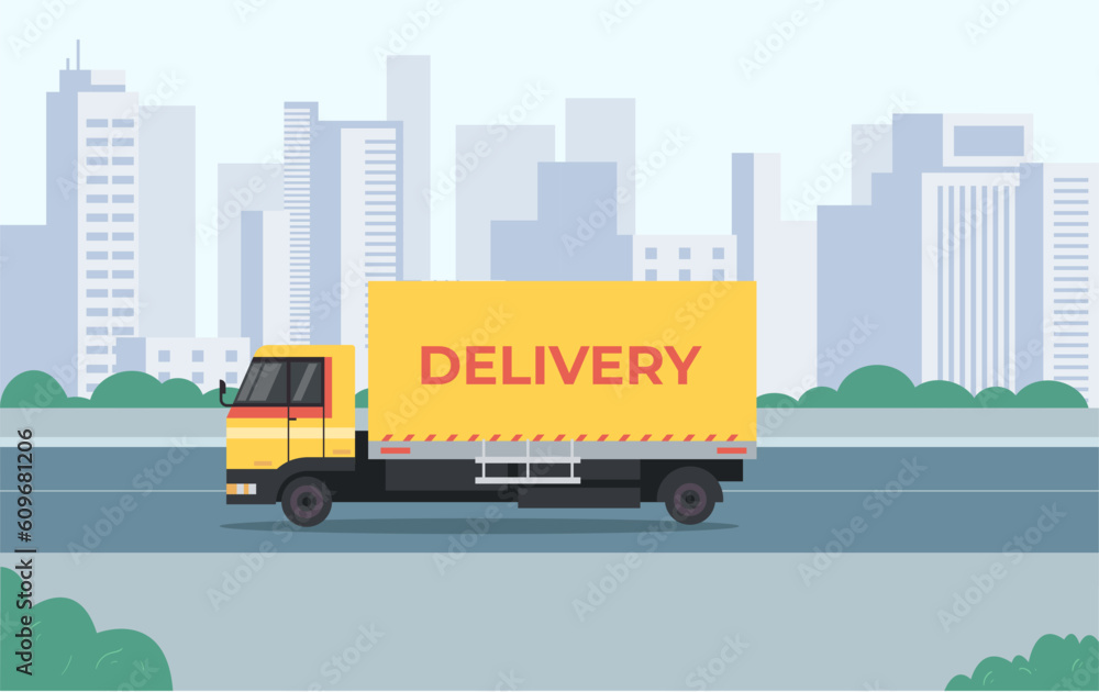 Delivery truck van cargo goods service parcel deliver concept. Vector design graphic illustration