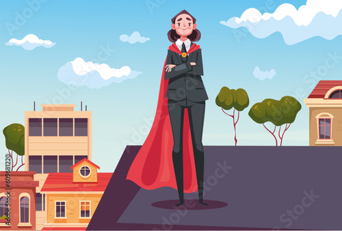 Super hero superhero office business employee standing on roof. Vector design graphic illustration

