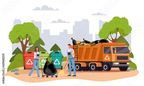 Garbage truck workers recycle waste trash concept. Vector design graphic illustration