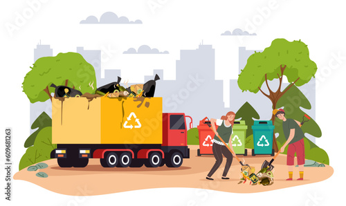 Garbage truck workers recycle waste trash concept. Vector design graphic illustration