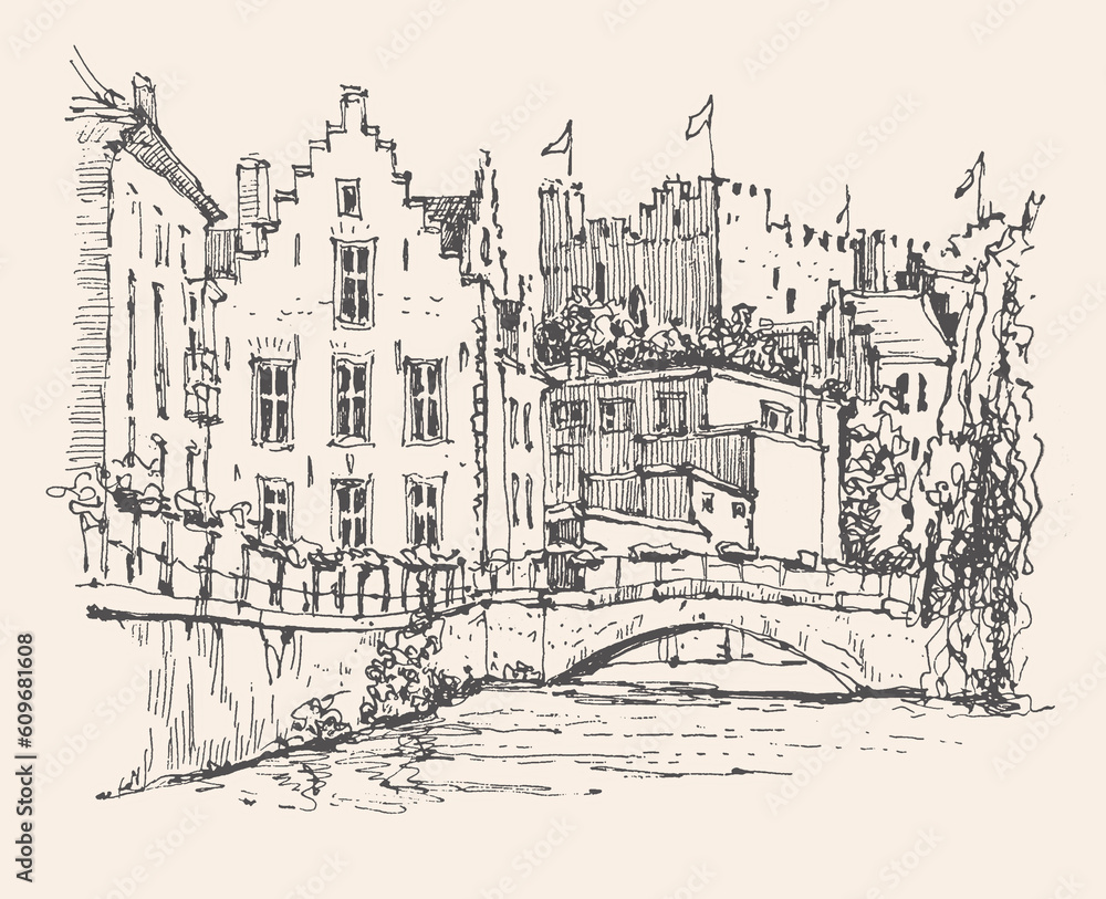 Sketch of Ghent, Belgium. Historical building line art. Freehand drawing. Hand drawn travel postcard in retro style. Hand drawing of Ghent. Urban sketch in black color isolated on beige background.
