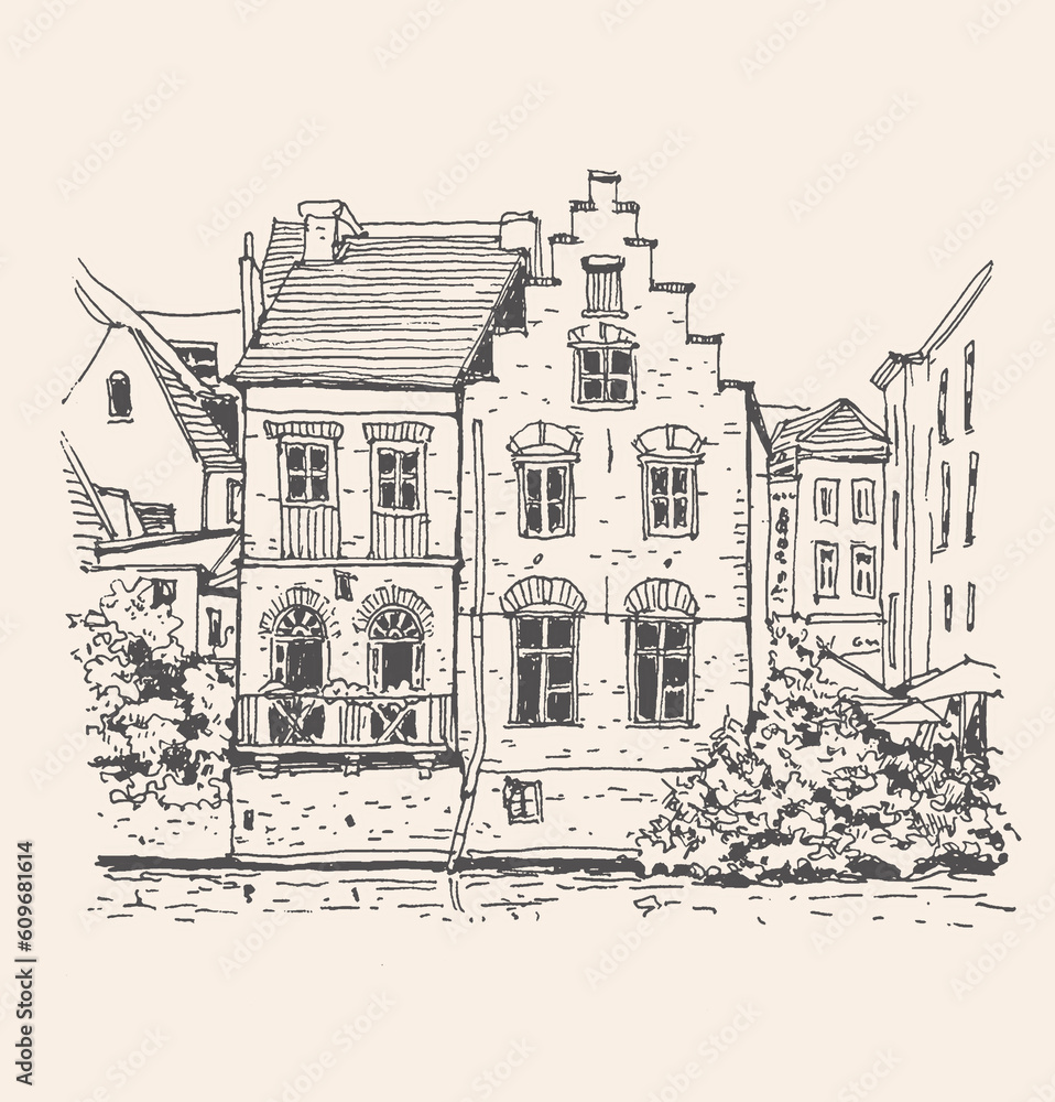 Travel sketch of Ghent, Belgium. Historical building line art. Freehand drawing. Hand drawn retro postcard. Hand drawing of houses and river. Urban sketch in black color isolated on beige background.