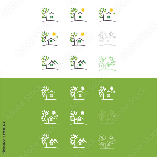 Real estate logo and ssymbols template icons appartment, house, tree