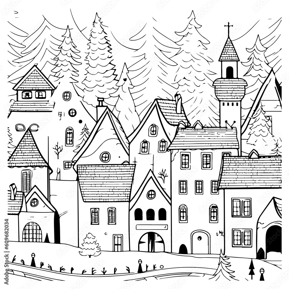 Christmas village. Colouring book illustration for your design