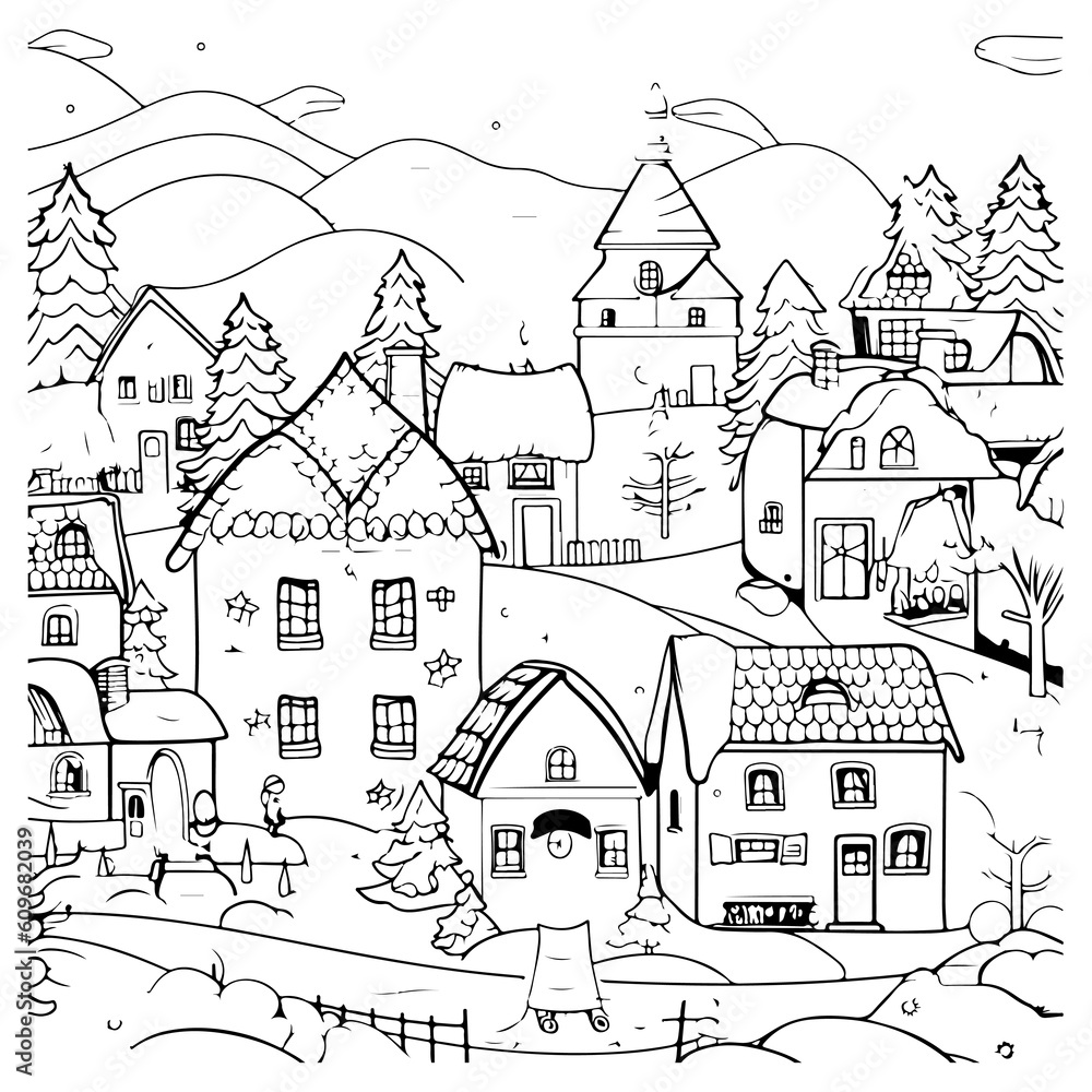 Christmas village. Colouring book illustration for your design