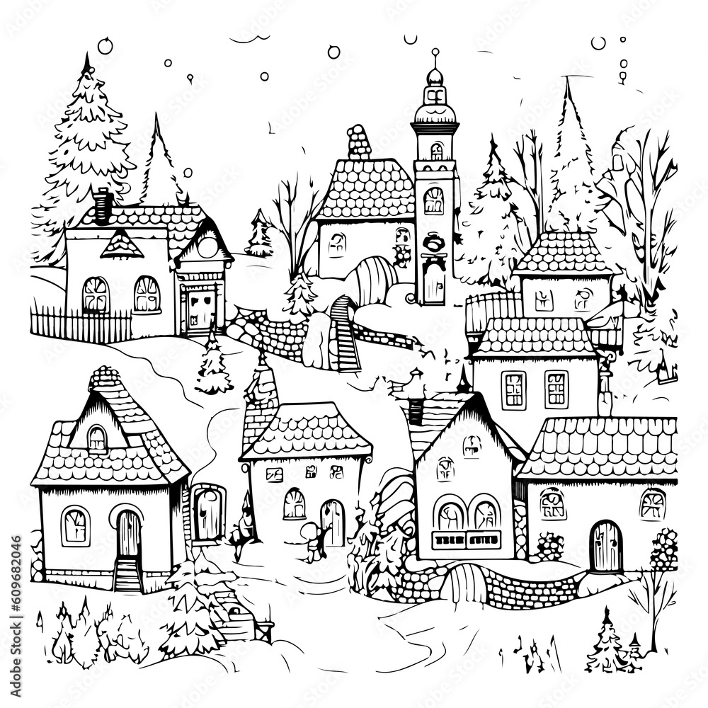 Christmas village. Colouring book illustration for your design
