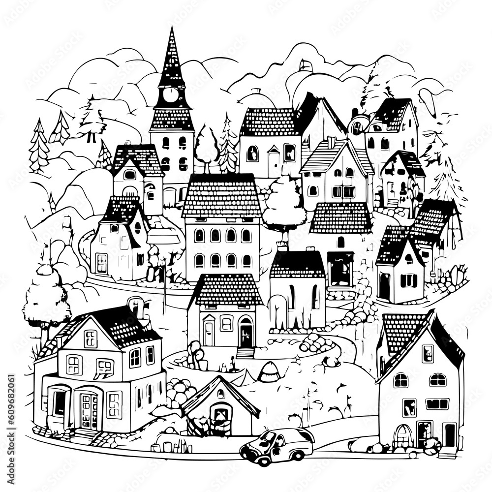 Christmas village. Colouring book illustration for your design