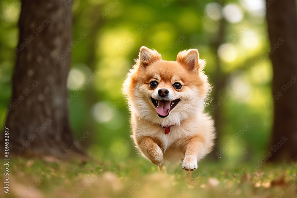 Illustration of a lively Pomeranian dog frolicking through a lush green forest created with Generative AI technology Illustration of a lively Pomeranian dog frolicking through a lush green forest created with Generative AI technology