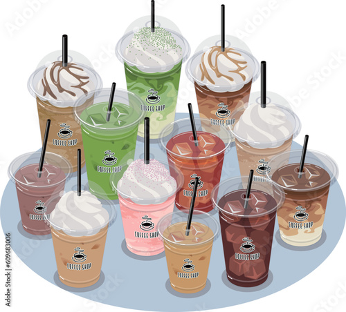 冷たいカフェドリンクのテイクアウトアイソメトリックベクターイラスト