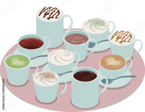 温かいカフェドリンクのアイソメトリックベクターイラスト