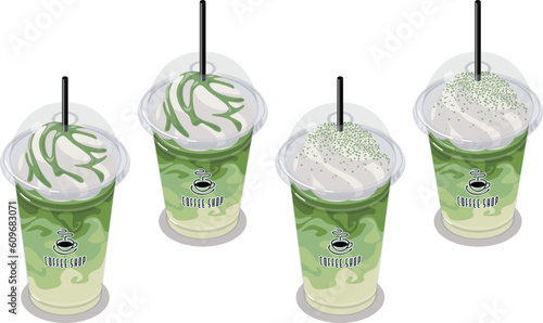 テイクアウト抹茶ラテのアイソメトリックベクターイラスト