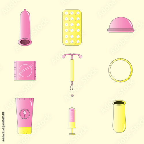 Free vector illustration image Concept of contraceptive method sprotection contraception prevention protection woman set