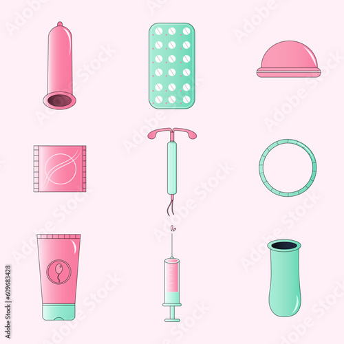 free vector illustration image concept of contraceptive method sprotection contraception prevention protection woman set icons