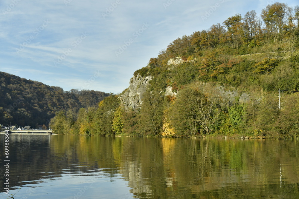 Végétation luxuriante et bucolique des collines se reflétant dans les eaux calmes de la Meuse à Profondeville Végétation luxuriante et bucolique des collines se reflétant dans les eaux calmes de la Meuse à Profondeville