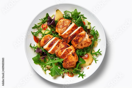 Gegrillte Hühnchenbrust Stücke mit Salat auf Teller dekoriert von oben Ansicht, ai generativ