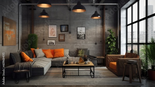 Inspiring office interior design Industrial style Lounge featuring Exposed pipes architecture. Generative AI AIG 31.