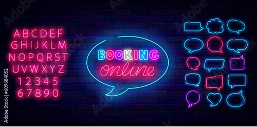 Booking online neon label. Signboard on brick wall. Onine travel order. Vector stock illustration