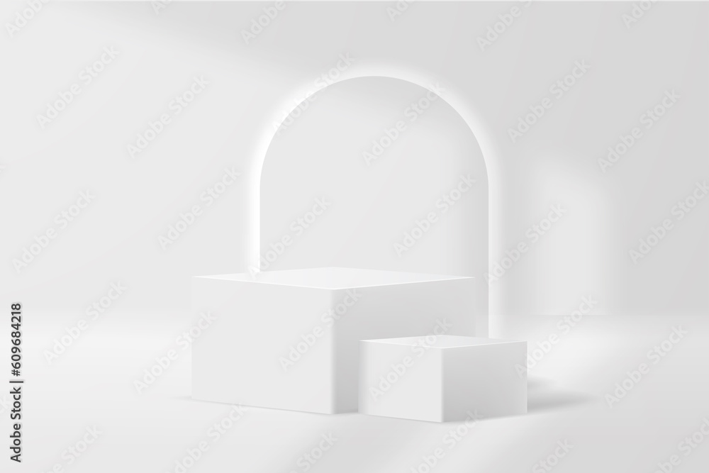 White realistic 3d square pedestal podium with rounded neon light backdrop. Abstract vector rendering geometric platform. Product display presentation. Minimal scene. Social media post background. White realistic 3d square pedestal podium with rounded neon light backdrop. Abstract vector rendering geometric platform. Product display presentation. Minimal scene. Social media post background.